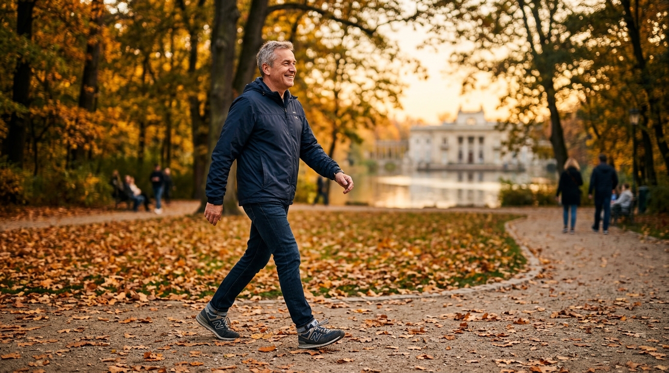 Mężczyzna spacerujący w parku podczas zachodu słońca